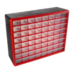 a red and black plastic drawer with many drawers on the front, one is empty