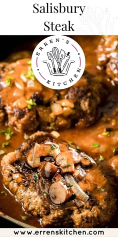 steak with mushrooms and gravy in a skillet