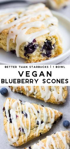 blueberry scones with white icing and drizzled on top are shown