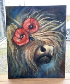 a painting of a dog with red flowers on it's head and long hair