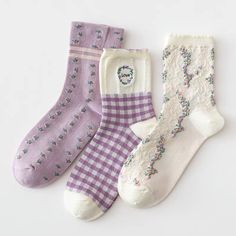 Floral Love Sock Set (White/Purple) – Megoosta Fashion Cute Lace Trim Socks For Spring, Cute Cotton Socks For Spring, Trendy Purple Cotton Socks, Purple Gingham, Sock Set, Shades Of Purple, Gingham, Socks, Purple