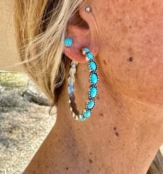 Silver hoop earrings with faux turquoise. Turquoise Earring Stack, Western Ear Piercing Ideas, Lainey Wilson Concert, Turquoise Jewelry Gold, Lainey Wilson, Double Piercing, Turquoise Hoops, Cowgirl Jewelry, Western Earrings