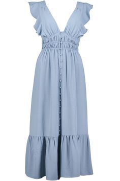 Think of a beautiful day with blue skies all wrapped up in a dress. This short sleeve, midi dress features a V-Neck, ruffled collar and covered buttons. The back ties above the waist, leaving the back partially exposed. This dress is fully lined. Shell: 100% polyester Lining: 97%polyester 3% spandex Model is wearing an extra small. Summer Midi Dress With Ruffle Hem, Short Sleeve Ruched Midi Dress For Day Out, Elegant Beach Midi Dress With Flutter Sleeves, Elegant Flutter Sleeve Midi Dress For Beach, Chic Midi Dress With Flutter Sleeves For Vacation, Short Sleeve Dress With Smocked Back For Day Out, Day Out Dresses With Smocked Back And Short Sleeves, Summer Midi-length Short Sleeve Dress With Ruffles, Summer Short Sleeve Midi Dress With Ruffles