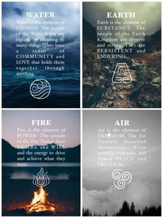 four different types of fire and water with some words above them on the top right side