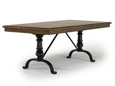 an old wooden table with metal legs and a square top, on a white background