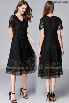 10% off now|Free shipping world-wide. L-5XL Women Aline Lace Tea Length Dress with Sleeves at GemGrace. Click to learn our pro custom-made service for wedding dress, formal dress. View #WeddingGuestDresses for more ideas. Black Lace Dress With Scalloped Lace In Midi Length, Black Midi Dress With Lace Patchwork, Knee-length Lace Midi Dress With Lace Patchwork, Black Short Sleeve Lace Dress With Scalloped Lace, Black Lace Dress With Scalloped Details And Short Sleeves, Black Lace Dress With Scalloped Short Sleeves, Short Sleeve Lace Midi Dress With Lace Sleeves, Short Sleeve Lace Midi Dress With Lace Trim, Lace Midi Dress With Short Sleeves And Lace Trim