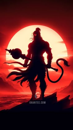 the silhouette of a demon standing in front of a sunset