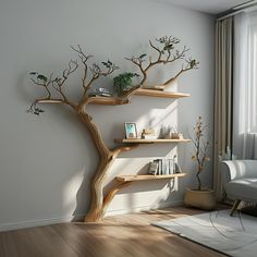 there is a tree shelf in the corner of this room