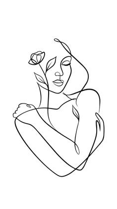 a black and white drawing of a woman with flowers