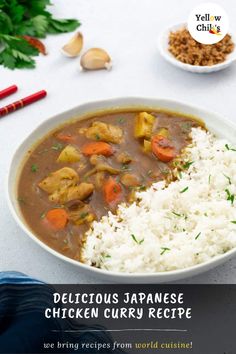 the cover of delicious japanese chicken curry recipe with rice and vegetables in a white bowl