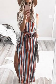 Berrymoda Rainbow Striped High Split Maxi Dress – BerryModa Aruba Outfits, Greece Packing, Kelsey Floyd, Maxi Dresses Summer, Trendy Dresses Summer, Causal Dresses, Gaun Fashion, Maxi Dress Outfit, Outfits Dress