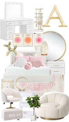 a white bedroom with gold accents and pink accessories on the bed, along with other items