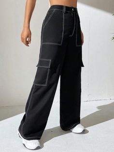 This Casual Top Stitching Flap Pocket Side Cargo Pants! Perfect for a casual style, these plain cargo pants offer a loose and comfortable fit, with a long length that adds a touch of urban flair. Made from high-quality woven fabric (polyester), they are designed for durability. The top stitching adds a stylish detail, while the flap pockets on the sides provide functionality. Detail: Style: Casual Pattern Type: Plain Type: Cargo Pants Length: Long Fit Type: Loose Fabric: Non-Stretch Material: Wo Loose Fabric, Pants Length, Casual Top, Top Stitching, Long Length, Flap Pocket, Cargo Pants, Casual Tops, Casual Style