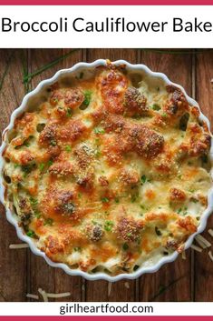 broccoli cauliflower bake in a white casserole dish on a wooden table