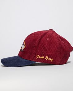 Pirate Racing All In Corduroy Hat Size: Adjustable Snapback Cap Color: Velvet Under Brim Color: Navy Front Pirate Racing All In Design Embroidery Stitch Count: 8084 Casual Hats, Streetwear Hats, Corduroy Hat, Accessory Inspo, Cap Ideas, Embroidery Stitch, Vintage Cap, Vintage Hats, Design Embroidery