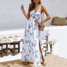 Floral Summer Boho Maxi Dress Price: 64.00 & FREE Shipping #dreamcatcherbali #nativeamericanmade#boho #gypsybracelet #spiritjunkie #meditationtools Boho Chiffon Dress, Long Dress Plus Size, Chiffon Summer Dress, Halter Dress Summer, Floral Halter Dress, Sleeveless Outfit, Vacation Dress, Women Halter, Floral Sundress