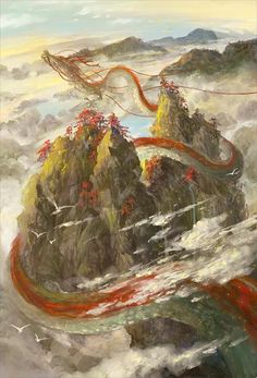 an oil painting of a river and mountains in the sky with red stream running through it