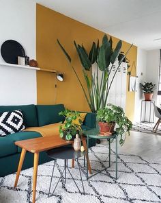 a living room filled with furniture and plants on top of a white carpeted floor