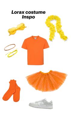 an orange costume with yellow accessories and shoes on the bottom right hand corner is a white t - shirt that reads,'lorax costume inspo '