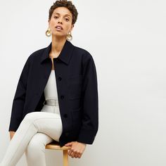 Inspired by utilitarian menswear, the Steffi is a structured-yet-laid back jacket that says you work hard and play hard. It features thoughtful details, including large patch pockets and sleek buttons, while the removable sherpa lining makes it a two-in-one layer. Made in Vietnam with fabric from Turkey. Oversized Denim Jacket With Lapel Collar For Work, Relaxed Fit Workwear Outerwear With Flap Pockets, Utility Style Outerwear With Patch Pockets For Workwear, Utility Workwear Outerwear With Patch Pockets, Fall Workwear Shacket With Multiple Pockets, Utility Outerwear With Patch Pockets For Workwear, Oversized Utility Denim Jacket For Workwear, Oversized Single-breasted Denim Jacket For Work, Winter Workwear Single Breasted Denim Jacket