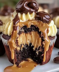 chocolate cupcake with peanut butter frosting and drizzled on top