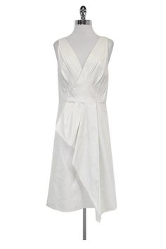 Current Boutique-Rachel Roy - White Draped Dress Sz 8 White Cotton Midi Dress For Formal Occasions, Formal White Cotton Midi Dress, White Evening Dress With Folds, Elegant White Draped Midi Dress, Fitted White Dresses With Folds, Fitted White Dress With Folds, Elegant White Draped Dress, Elegant Summer Dresses With Folds, White Midi Dress With Ruched Asymmetrical Neckline