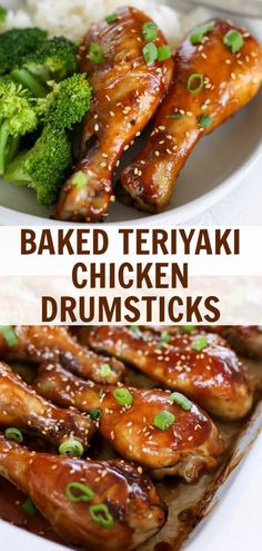 baked teriyaki chicken drums with broccoli and rice