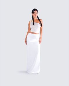 A clean, elegant, and classy look for you to own the night in 🤍 Featuring an ivory one shoulder top, paired with a white jersey maxi skirt - this two-piece set is giving "expensive, and untouchable" 💅 Jersey Maxi Skirt, White Corset Dress, Special Outfits, Yellow Mini Dress, Rhinestone Top, Mesh Maxi Dress, White Corset, One Shoulder Top, Sequin Mini Skirts