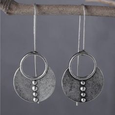 Boho Style Dangle Earrings With Vintage Textured Hollow Out Design Vintage Metal Hoop Earrings For Summer, Summer Vintage Metal Hoop Earrings, Handmade Vintage Hoop Earrings For Summer, Vintage Round Earrings For Summer, Casual Silver Earrings For Summer, Silver Casual Summer Earrings, Casual Silver Summer Earrings, Casual Metal Earrings With Ear Wire, Casual Everyday Metal Earrings