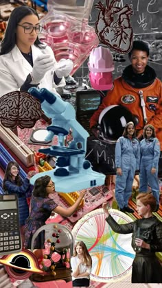 a collage of images with people and science related items on them, including a woman in an orange shirt