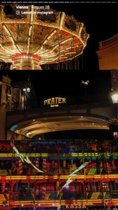 an illuminated carousel in front of a building at night with the name prater lit up