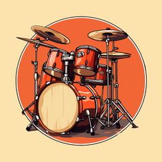 an orange drum set in front of a red circle