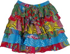 A cute and colorful abstract floral printed cotton short skirt with six ruffled layers in various deep carnival colors.  This multicolored bouncy bohemian short skirt is an ideal outfit choice for hot summer weather. #tlb #TieredSkirt #vacationclothing #beachwrap #Floral #Printed #ColorfulShortSkirt #BeachSkirt #RuffledSkirt Spring Bohemian Cotton Mini Skirt, Bohemian Cotton Mini Skirt For Spring, Multicolor Cotton Mini Skirt, Hippie Cotton Mini Skirt For Spring, Hippie Multicolor Floral Print Skirt, Green Bohemian Mini Skirt For Summer, Bohemian Green Mini Skirt For Summer, Bohemian Cotton Mini Skirt, Summer Multicolor Ruffled Mini Skirt