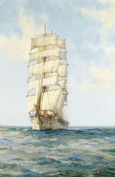 an oil painting of a sailboat in the ocean