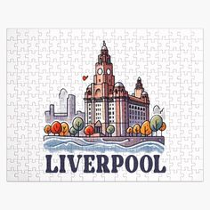 a jigsaw puzzle with the word liverpool in front of a cityscape