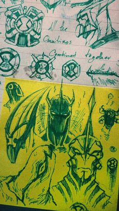 some green and yellow colored drawings on paper