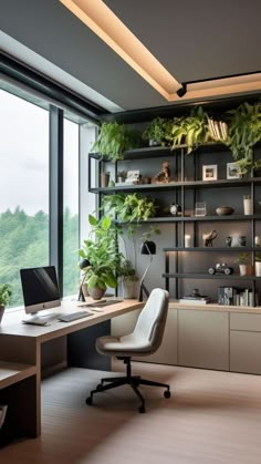 an office with a desk, computer and plants on the shelves in front of large windows