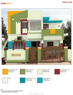 an image of a house with different colors on the front and side walls, including two balconies