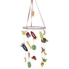 a mobile that is hanging from the ceiling with space themed objects on it's sides