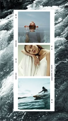 three different pictures with the same person in them, one is surfing and another is swimming