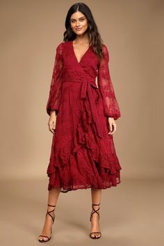 Burgundy Midi Dress - Ruffled Midi Dress - Embroidered Midi Dress - Lulus Teal Green Dress, Winter Wedding Outfits, Burgundy Midi Dress, Green Homecoming Dresses, Embroidered Midi Dress, Chiffon Midi Dress, Midi Ruffle Dress, Wrap Midi Dress, Long Sleeve Print Dress