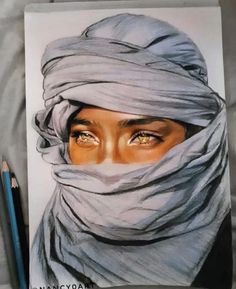 a drawing of a woman's face with a scarf over her head and yellow eyes