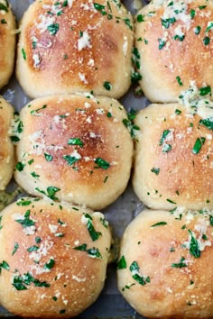 freshly baked garlic bread rolls with parmesan cheese and herbs on top, ready to be eaten