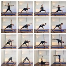 a woman doing yoga poses on a mat