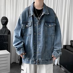 Men's Clothing New Baggy Denim Jacket Solid Color Casual Korean Fashion Harajuku Oversized Blue Streetwear Male Button Coat Casual Korean Fashion, Lapel Top, Streetwear Male, Top Clothes, Hong Kong Style, Baggy Denim, Workwear Jacket, Blue Streetwear, High Street Fashion