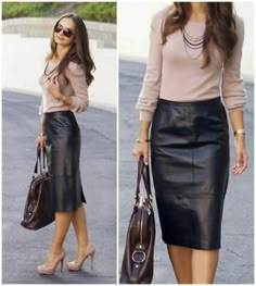 Cool Women's Lambskin High Quality Leather Below Knee Length Stylish Black Skirt | eBay Skirt Leather Outfit, Rok Outfit, Black Leather Pencil Skirt, Leather Skirt Outfit, Black Leather Skirt, Rock Outfit, Trendy Skirts, Mode Casual, Outfit Jeans