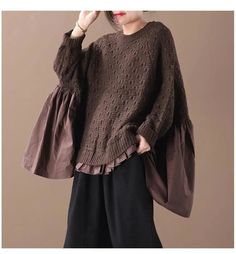 LOVEMI - Pleated patch bat shirt Bat Shirt, Balloon Sleeve Sweater, Wool Sweaters Womens, Patchwork Shirt, Pleated Shirt, Coffee Color, Coffee Colour, Sleek Fashion, Sweater Sleeves