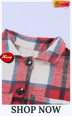 Red Shirt Collar Button Closure Plaid Coat Casual Red Collared Outerwear, Red Tops With Buttons And Casual Collar, Collared Buttoned Shirt For Winter, Collared Shirt With Buttons For Winter, Collared Winter Shirt With Buttons, Red Button-up Shirt For Fall, Winter Collared Shirt With Buttons, Plaid Collared Single-breasted Top, Red Top With Pockets And Casual Collar