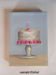 a painting of a birthday cake with pink frosting