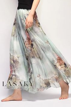 Lasaky - Elegant Bohemian Printed Chiffon Maxi Skirt showcasing vintage beach-inspired design Elegant Maxi Skirt For Spring Beach Outings, Elegant Spring Maxi Skirt For Beach, Elegant Spring Beach Maxi Skirt, Elegant Printed Summer Skirt, Summer Beach Printed Maxi Skirt, Flowy Green Maxi Skirt For Spring, Green Flowy Maxi Skirt For Spring, Spring Printed Maxi Skirt, Floral Print Beach Skirt For Spring